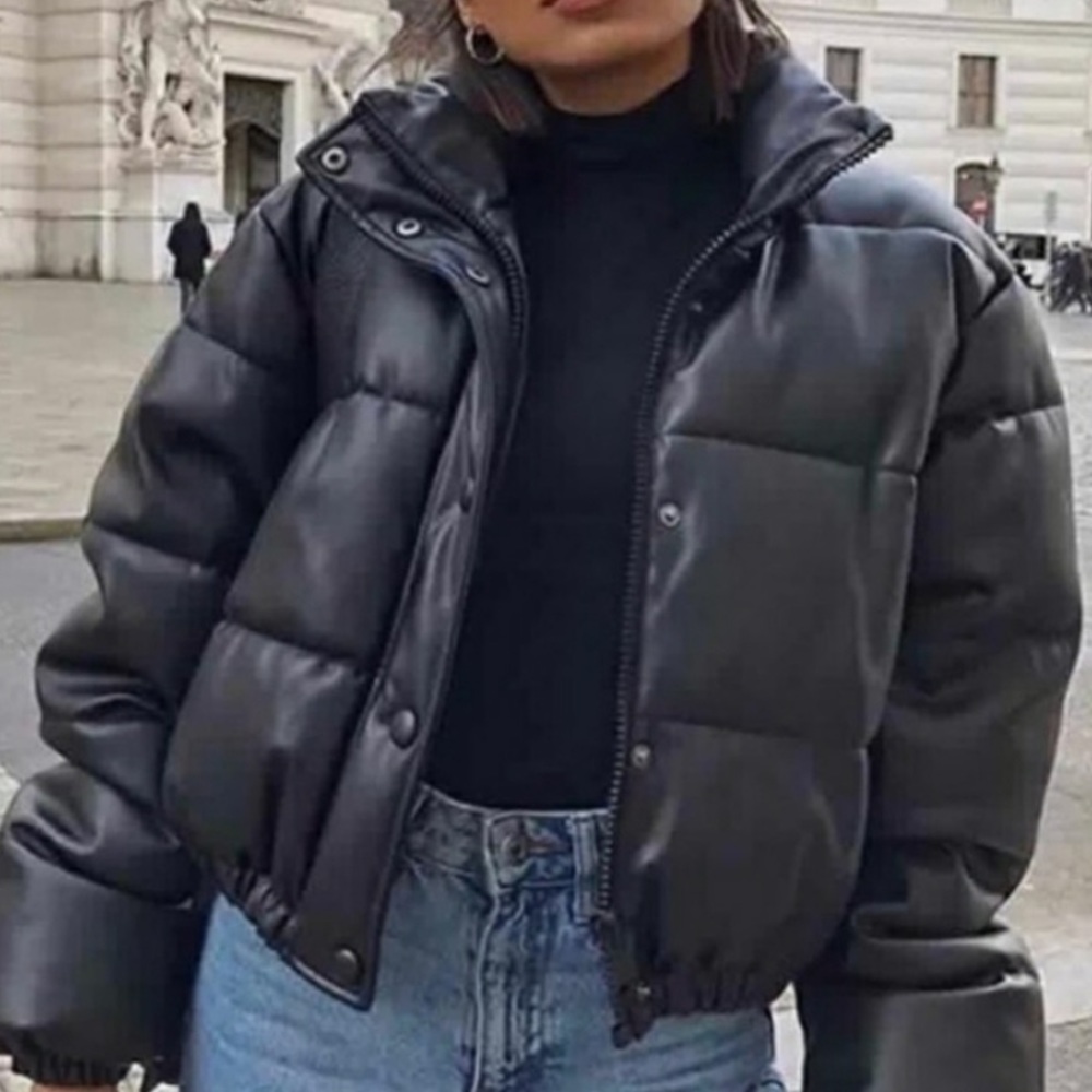 Faux leather hooded puffer